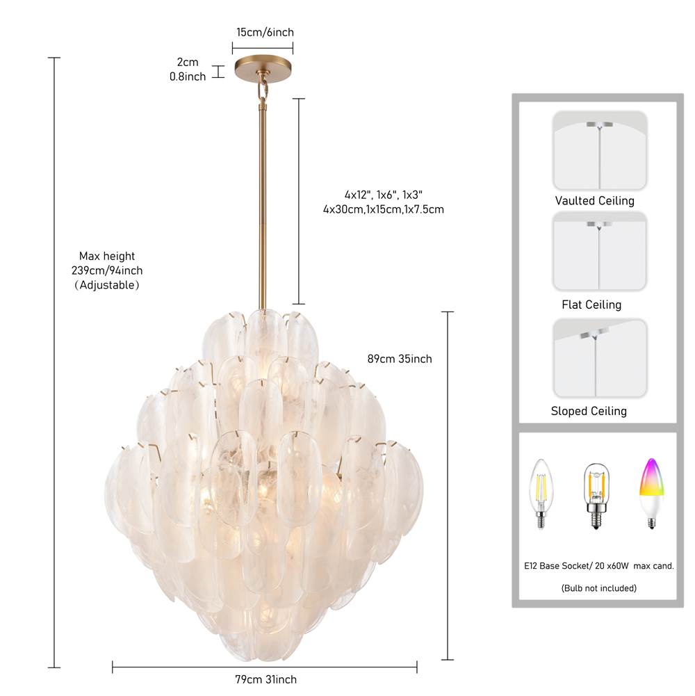 Arabela Lighting 85414-20 Satin Brass 31.5'' Chateau Pendant In Satin Brass With Curved Arctic Mist Glass Image 2