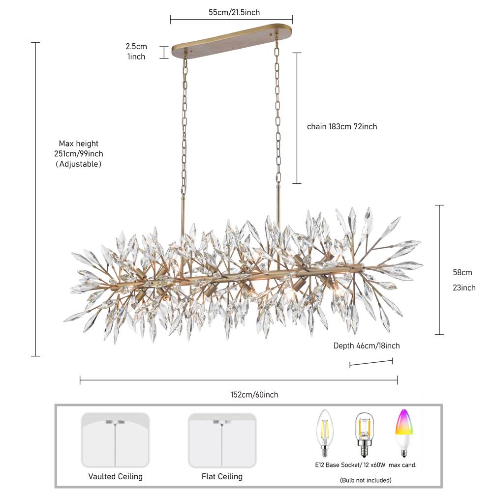 Arabela Lighting 85420-12 Peruvian Gold 60'' Crystal Fusion Linear Chandelier In Peruvian Gold With Large Faceted Clear Crystals Image 2