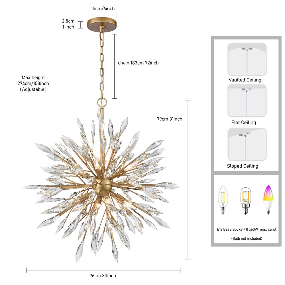 Arabela Lighting 85421-8 Peruvian Gold 30'' Crystal Fusion Chandelier In Peruvian Gold With Large Faceted Clear Crystals Image 2