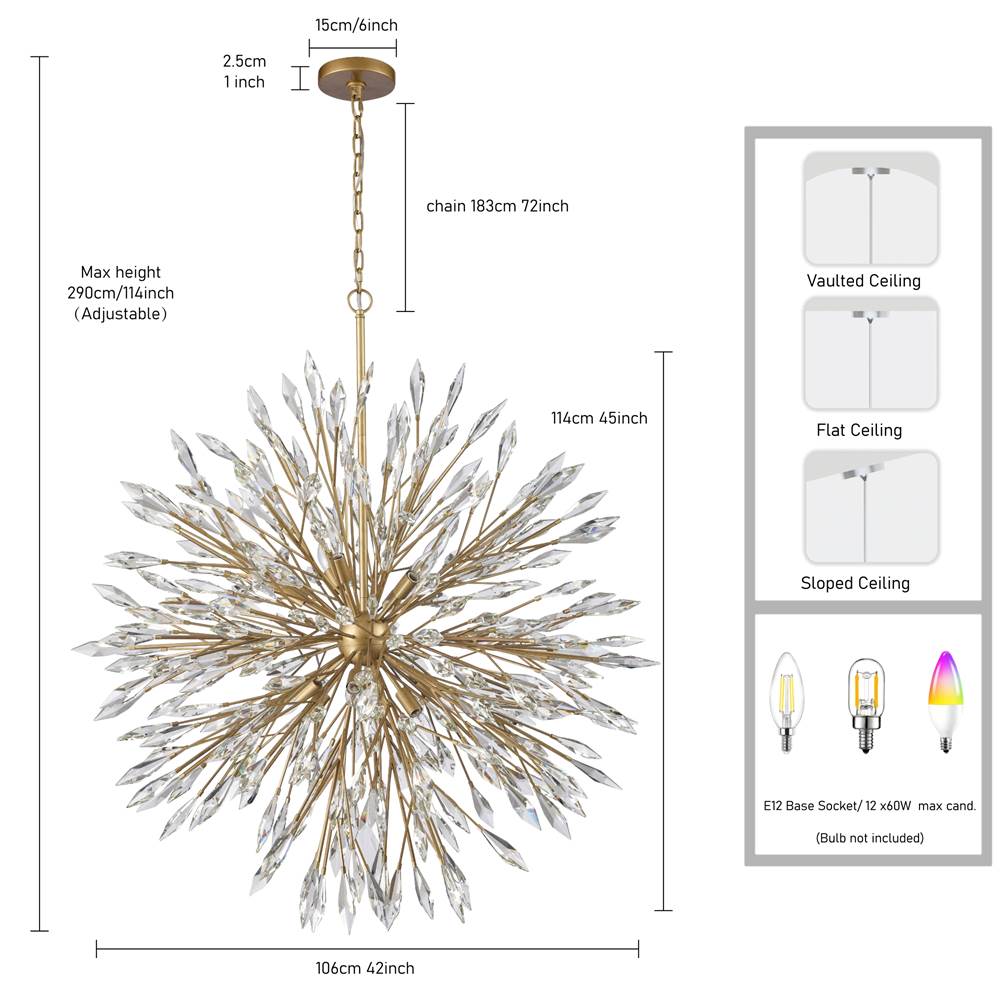 Arabela Lighting 85422-12 Peruvian Gold 42'' Crystal Fusion Chandelier In Peruvian Gold With Large Faceted Clear Crystals Image 2