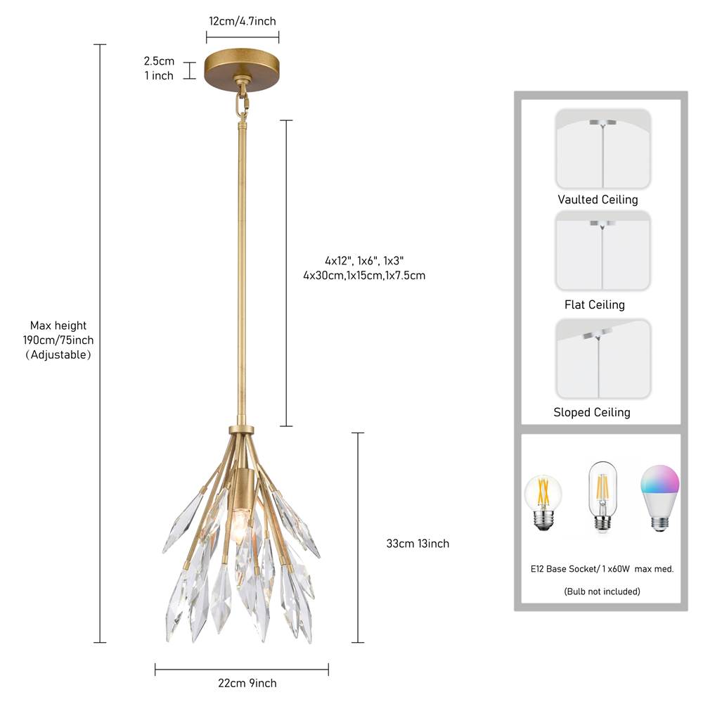 Arabela Lighting 85424-1 Peruvian Gold 13'' Crystal Fusion Pendant In Peruvian Gold With Large Faceted Clear Crystals Image 2