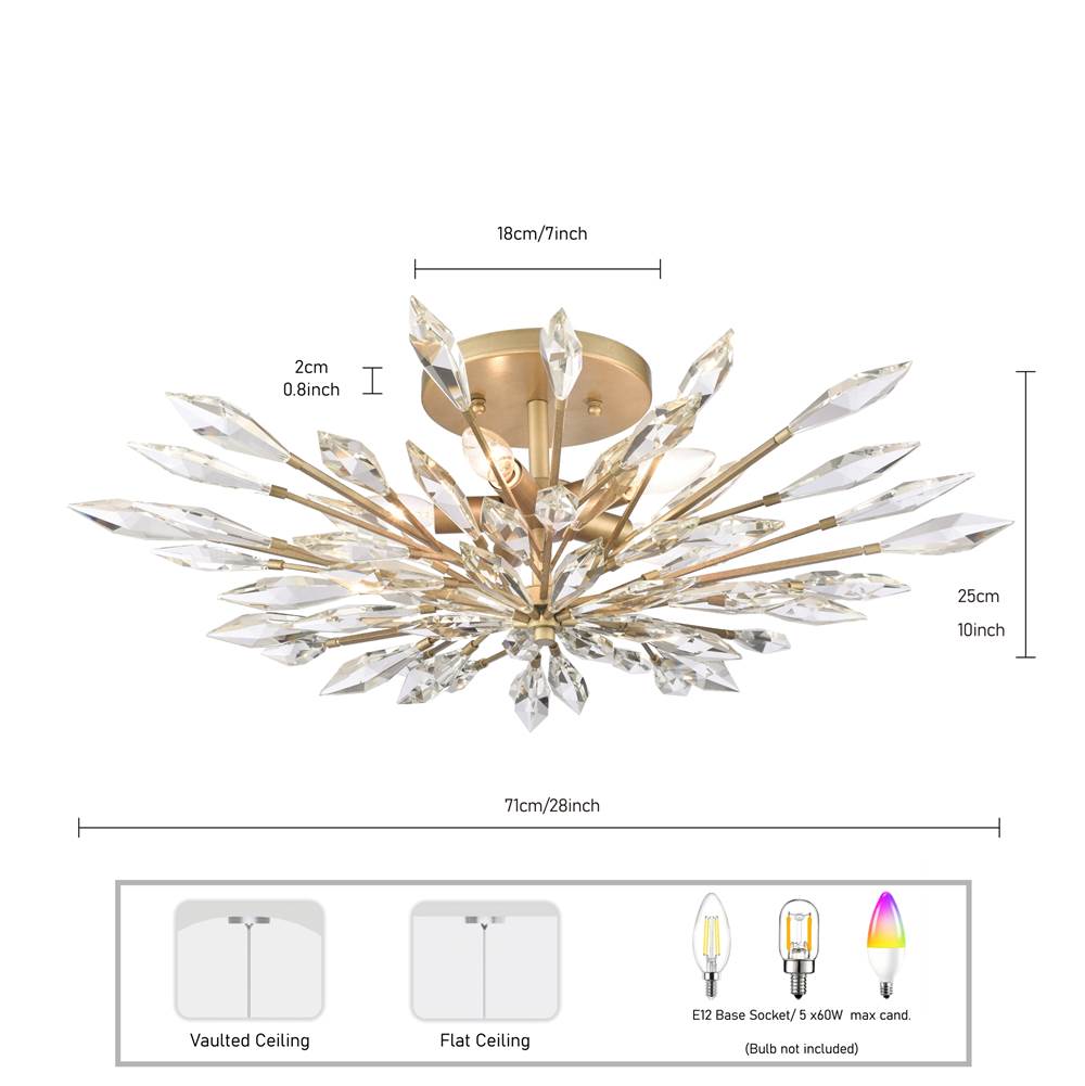 Arabela Lighting 85425-5 Peruvian Gold 28'' Crystal Fusion Semi Flush In Peruvian Gold With Large Faceted Clear Crystals Image 2