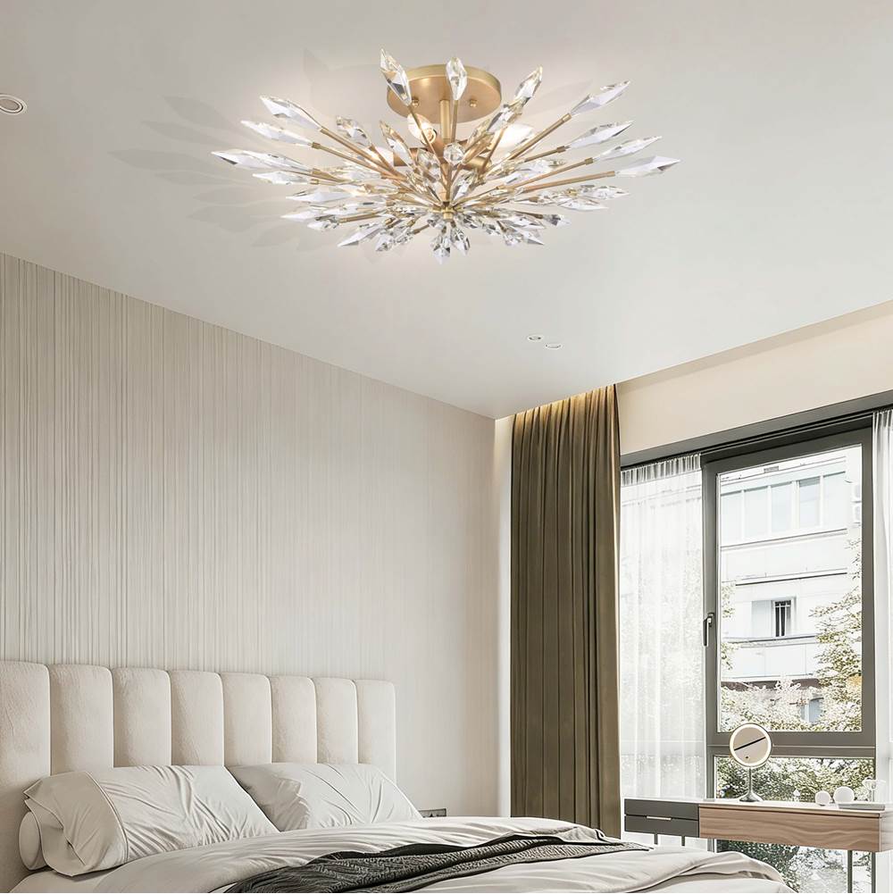 Arabela Lighting 85425-5 Peruvian Gold 28'' Crystal Fusion Semi Flush In Peruvian Gold With Large Faceted Clear Crystals Image 3
