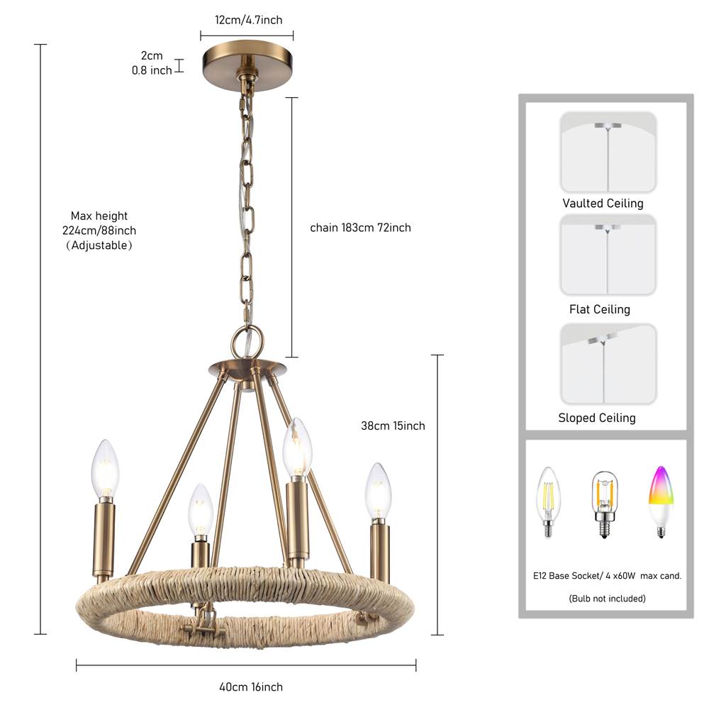 Arabela Lighting 85430-4 Lacquered Gold 16'' Cabana Chandelier In Lacquered Gold With Dried Corn Leaf Wrap Image 2