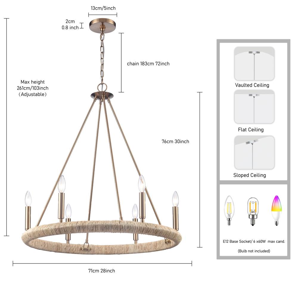 Arabela Lighting 85431-6 Lacquered Gold 28'' Cabana Chandelier In Lacquered Gold With Dried Corn Leaf Wrap Image 2