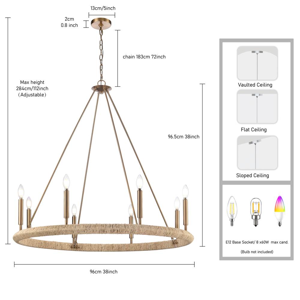 Arabela Lighting 85432-8 Lacquered Gold 38'' Cabana Chandelier In Lacquered Gold With Dried Corn Leaf Wrap Image 2