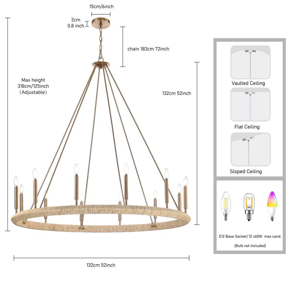 Arabela Lighting 85433-12 Lacquered Gold 52'' Cabana Chandelier In Lacquered Gold With Dried Corn Leaf Wrap Image 2