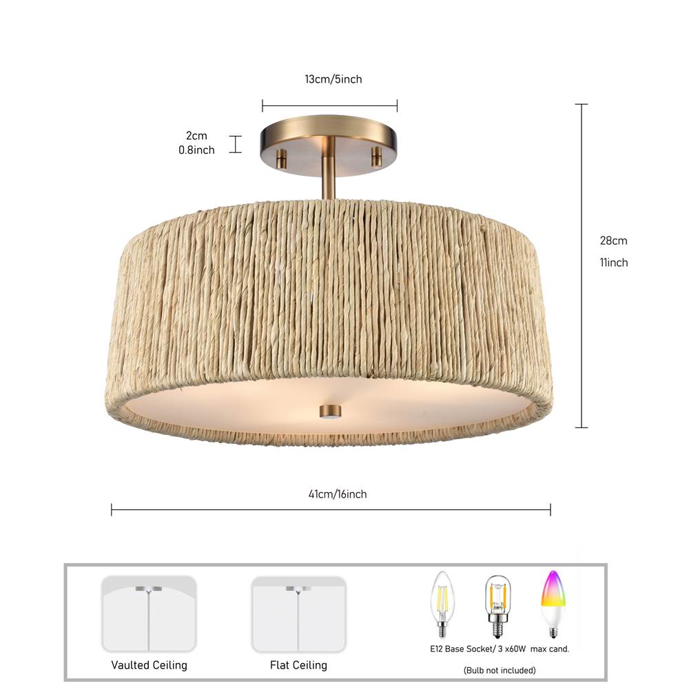 Arabela Lighting 85437-3 Lacquered Gold 16'' Cabana Semi Flush In Lacquered Gold With Dried Corn Leaf Wrap Image 2