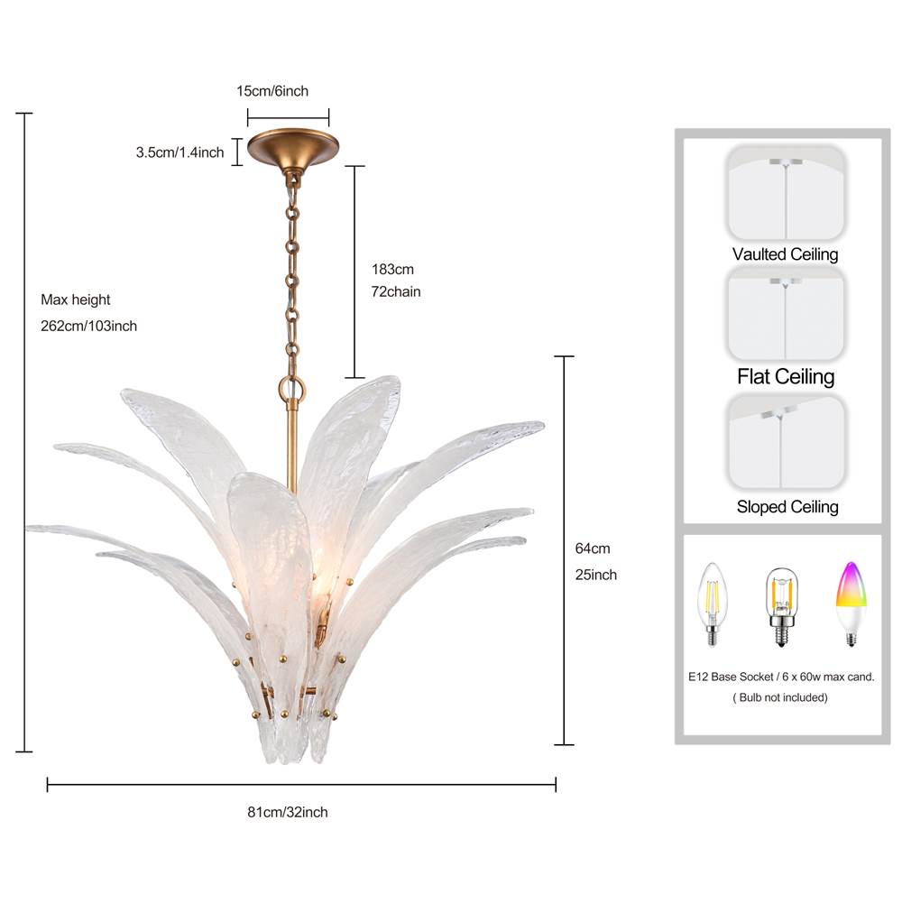 Arabela Lighting 85491-6 Antique Gold Leaf 32.25'' Fiore Pendant In Antique Gold Leaf With Textured Arctic Mist Glass Image 2