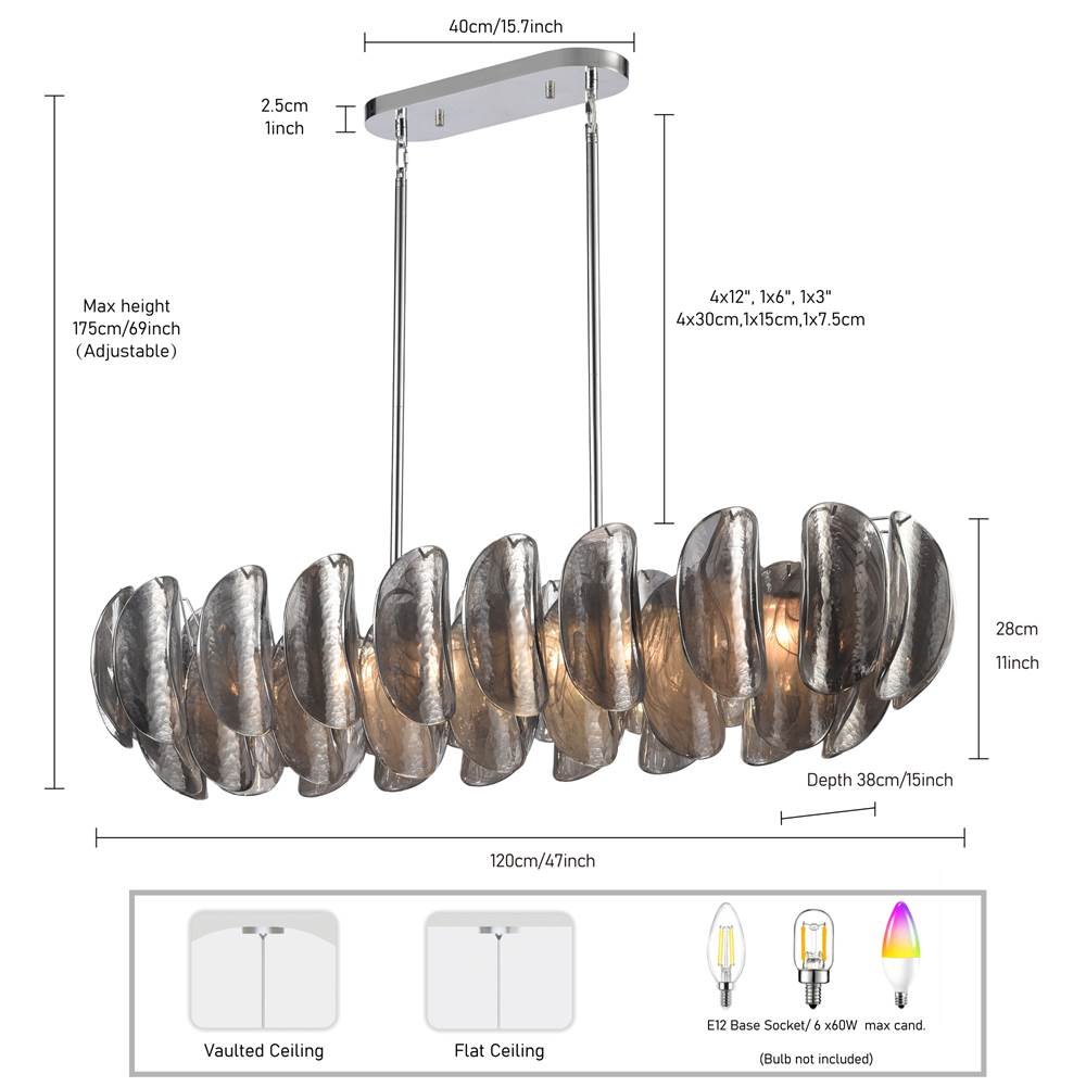 Arabela Lighting 85513-6 Polished Chrome 47.25'' Chateau Linear Chandelier In Polished Chrome With Curved Dark Gray Smoke Glass Image 2