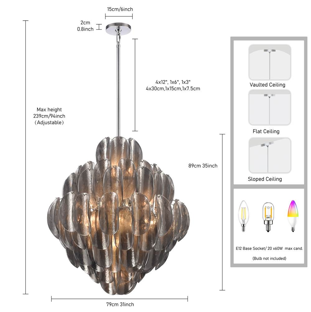 Arabela Lighting 85514-20 Polished Chrome 31.5'' Chateau Pendant In Polished Chrome With Curved Dark Gray Smoke Glass Image 2