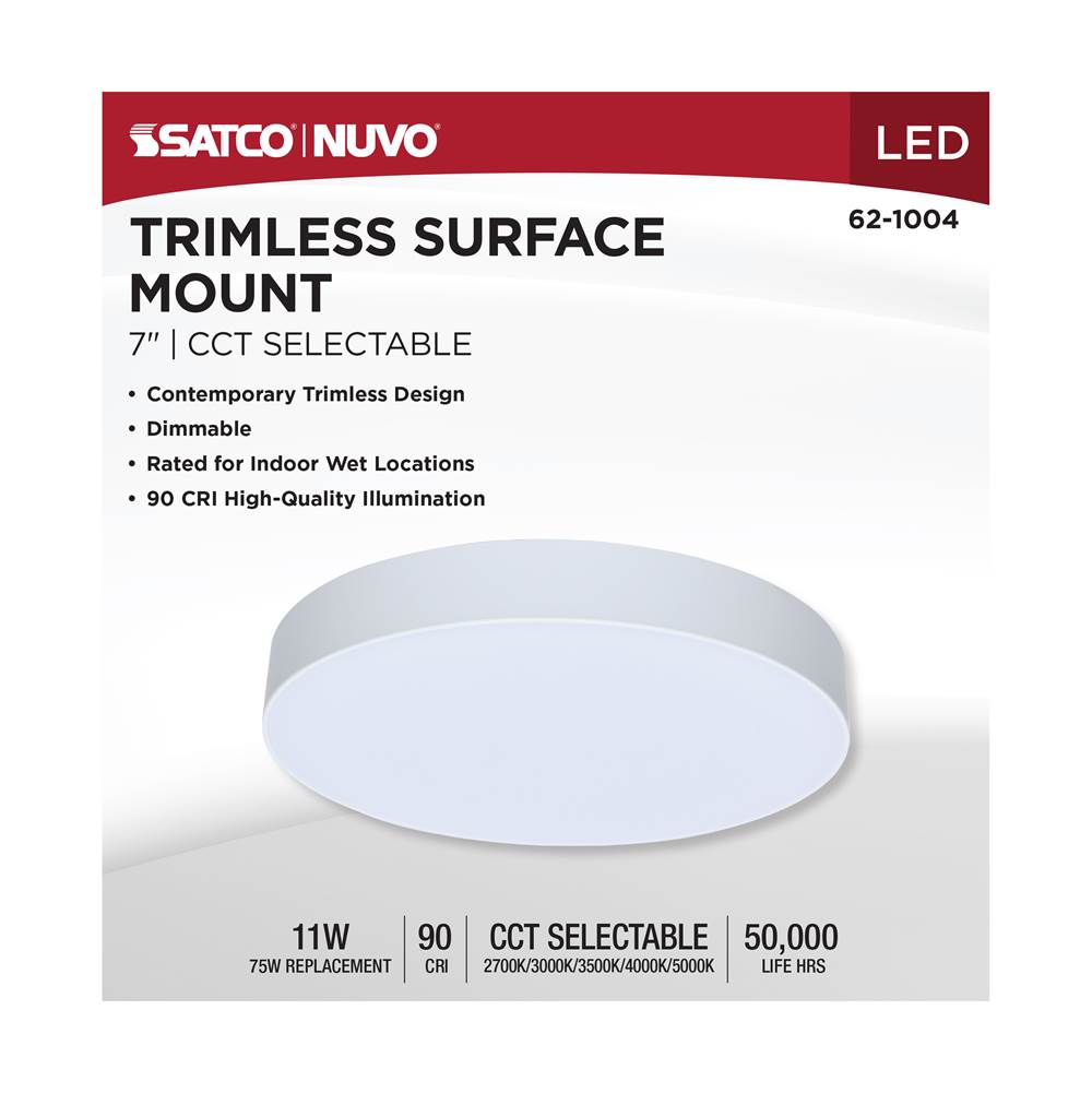Satco 62-1004 White 11 Watt 7 Inch Trimless Surface Mount - 27k/3k/35k/4k/5k Cct - Line Voltage Dimmable - White Finish - 120 Volt Image 4