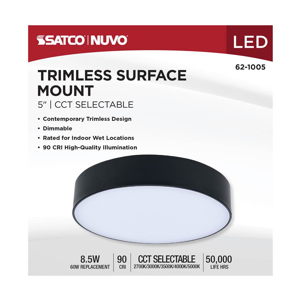 Satco 62-1005 Black 9 Watt 5 Inch Trimless Surface Mount - 27k/3k/35k/4k/5k Cct - Line Voltage Dimmable - Black Finish - 120 Volt Image 4