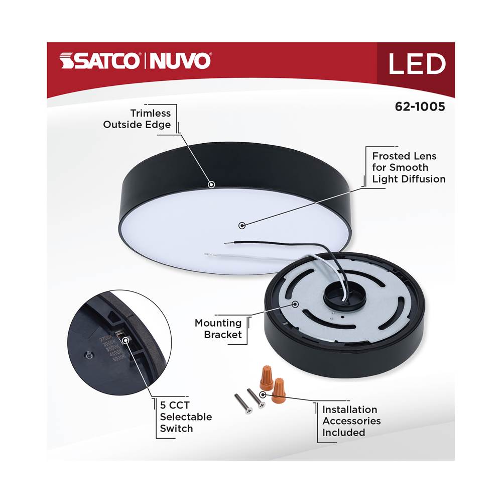 Satco 62-1005 Black 9 Watt 5 Inch Trimless Surface Mount - 27k/3k/35k/4k/5k Cct - Line Voltage Dimmable - Black Finish - 120 Volt Image 3
