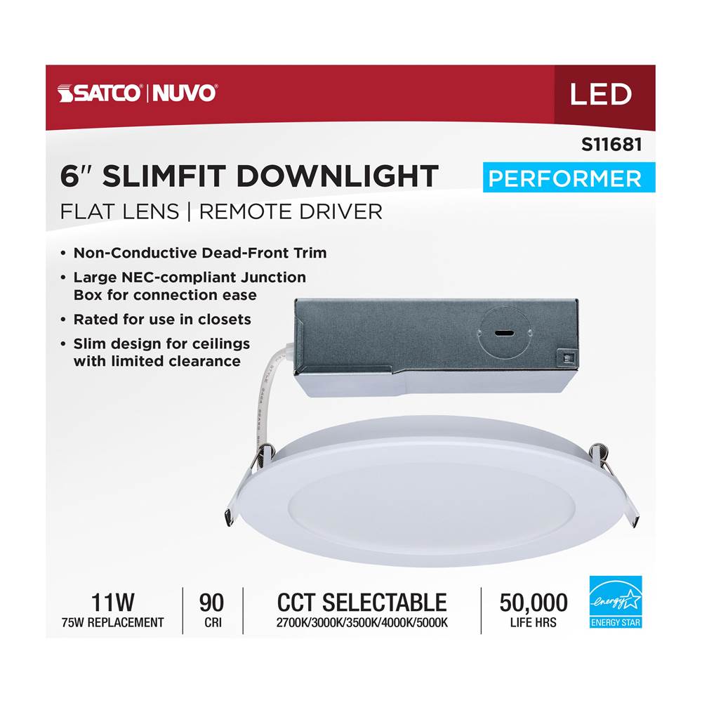 Satco S11681 White 11 Watt Led Direct Wire Performer Series Downlight - Remote Driver - 6 Inch - 27k/3k/35k/4k/5k Cct Selectable - Round - Flat Face - White Finish Image 2