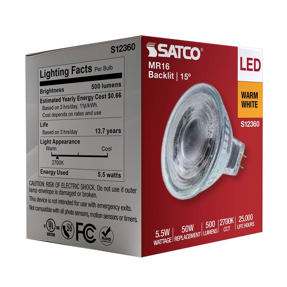Satco S12360 Clear 5.5 Watt Mr16 Led Spotlight - 2700k Cct - Gu5.3 Base - 12 Volt Image 4