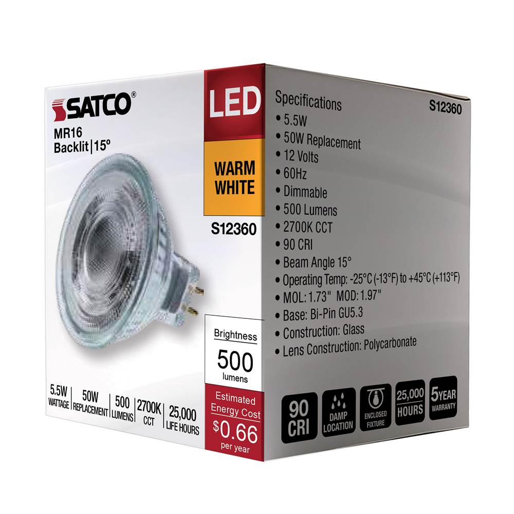 Satco S12360 Clear 5.5 Watt Mr16 Led Spotlight - 2700k Cct - Gu5.3 Base - 12 Volt Image 3