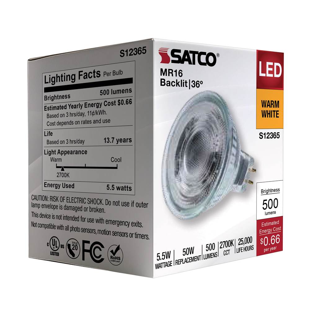 Satco S12365 Clear 5.5 Watt Mr16 Led Floodlight - 2700k Cct - Gu5.3 Base - 12 Volt Image 4