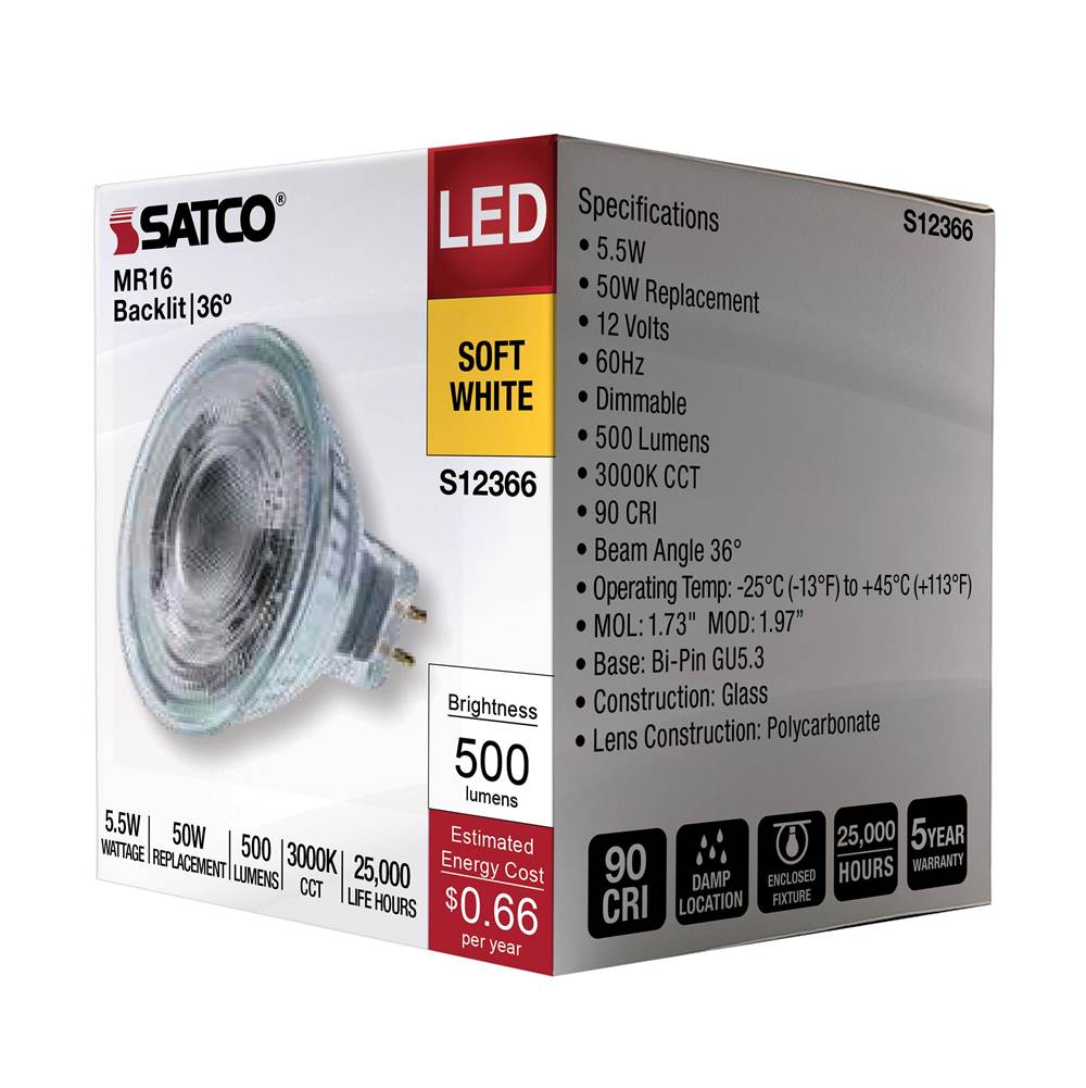 Satco S12366 Clear 5.5 Watt Mr16 Led Floodlight - 3000k Cct - Gu5.3 Base - 12 Volt Image 3