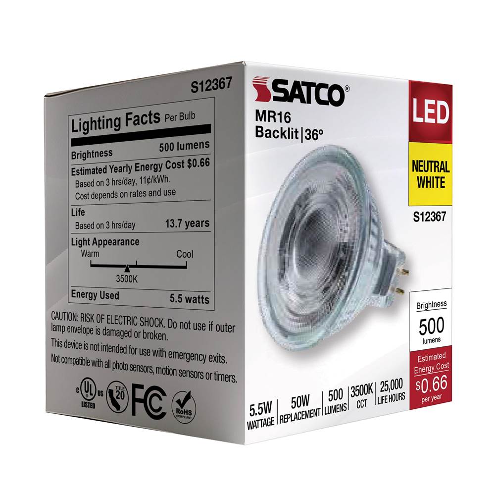 Satco S12367 Clear 5.5 Watt Mr16 Led Floodlight - 3500k Cct - Gu5.3 Base - 12 Volt Image 4