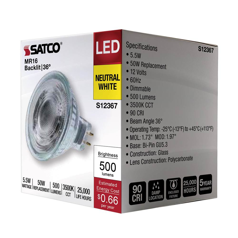 Satco S12367 Clear 5.5 Watt Mr16 Led Floodlight - 3500k Cct - Gu5.3 Base - 12 Volt Image 3