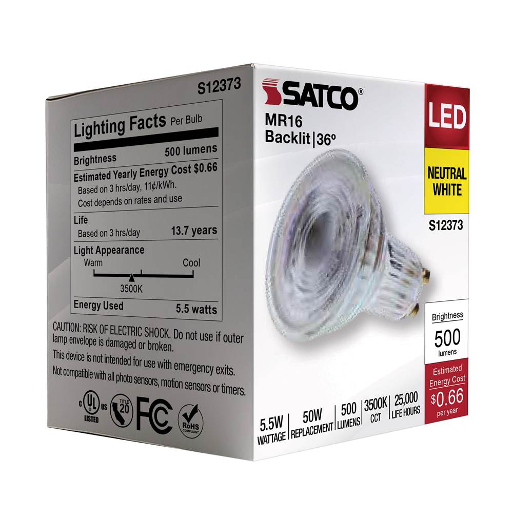 Satco S12373 Clear 5.5 Watt Mr16 Led Floodlight - 3500k Cct - Gu10 Base - 120 Volt Image 4
