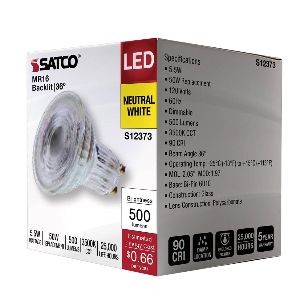 Satco S12373 Clear 5.5 Watt Mr16 Led Floodlight - 3500k Cct - Gu10 Base - 120 Volt Image 3