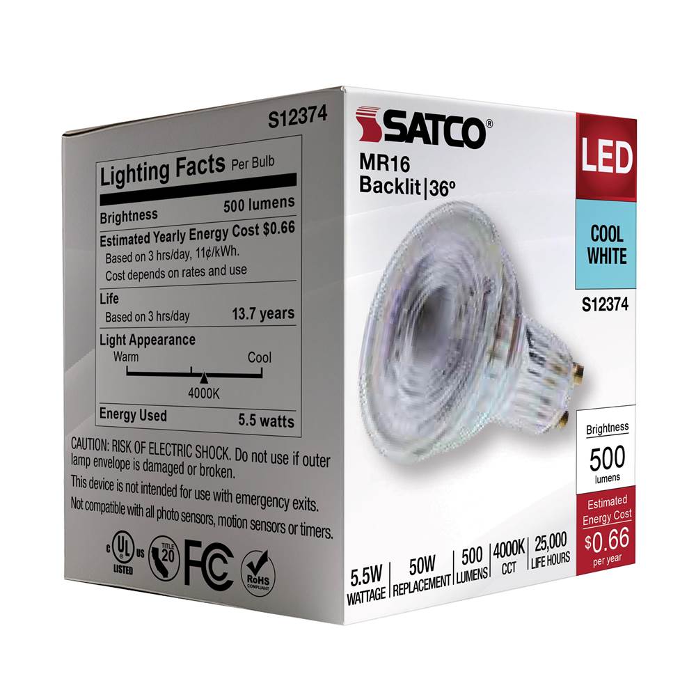 Satco S12374 Clear 5.5 Watt Mr16 Led Floodlight - 4000k Cct - Gu10 Base - 120 Volt Image 4