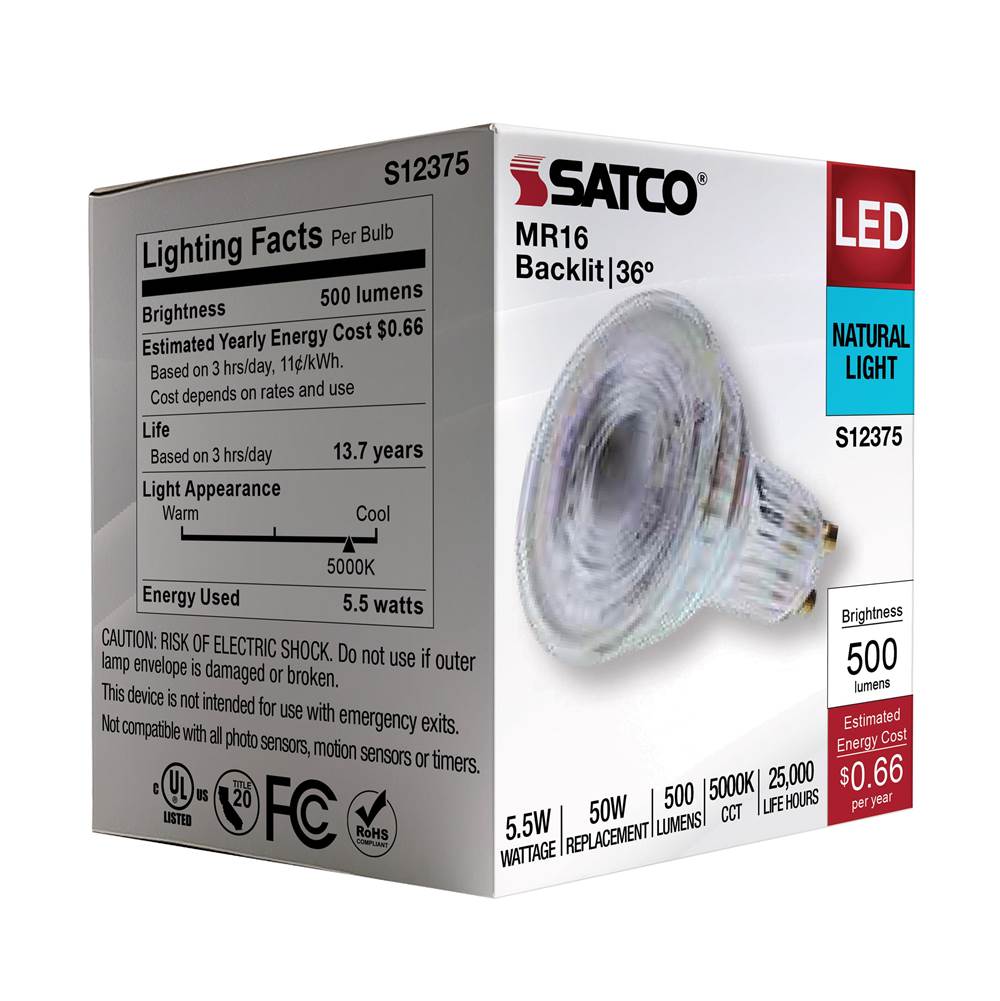Satco S12375 Clear 5.5 Watt Mr16 Led Floodlight - 5000k Cct - Gu10 Base - 120 Volt Image 4