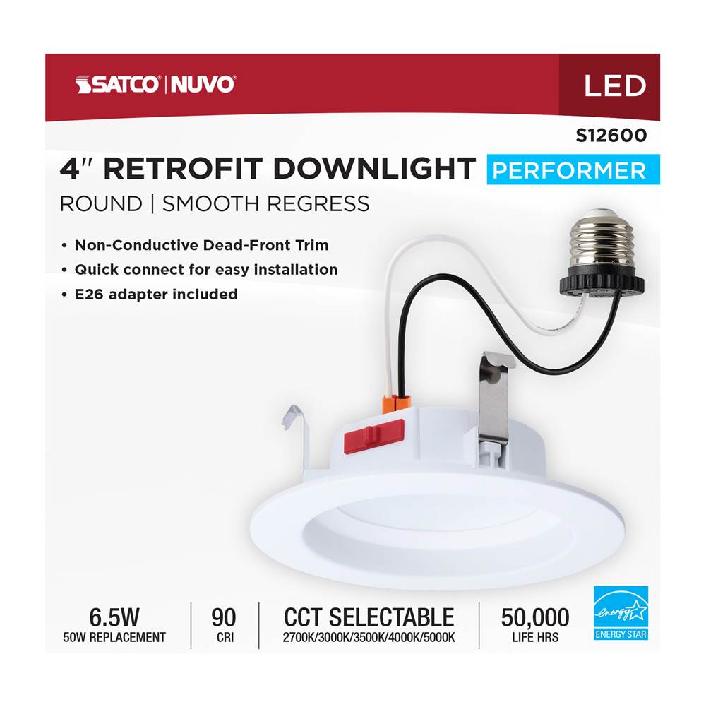 Satco S12600 White 6 Watt Led Downlight Retrofit - 4 Inch - Cct Selectable - Round - White Finish Image 4
