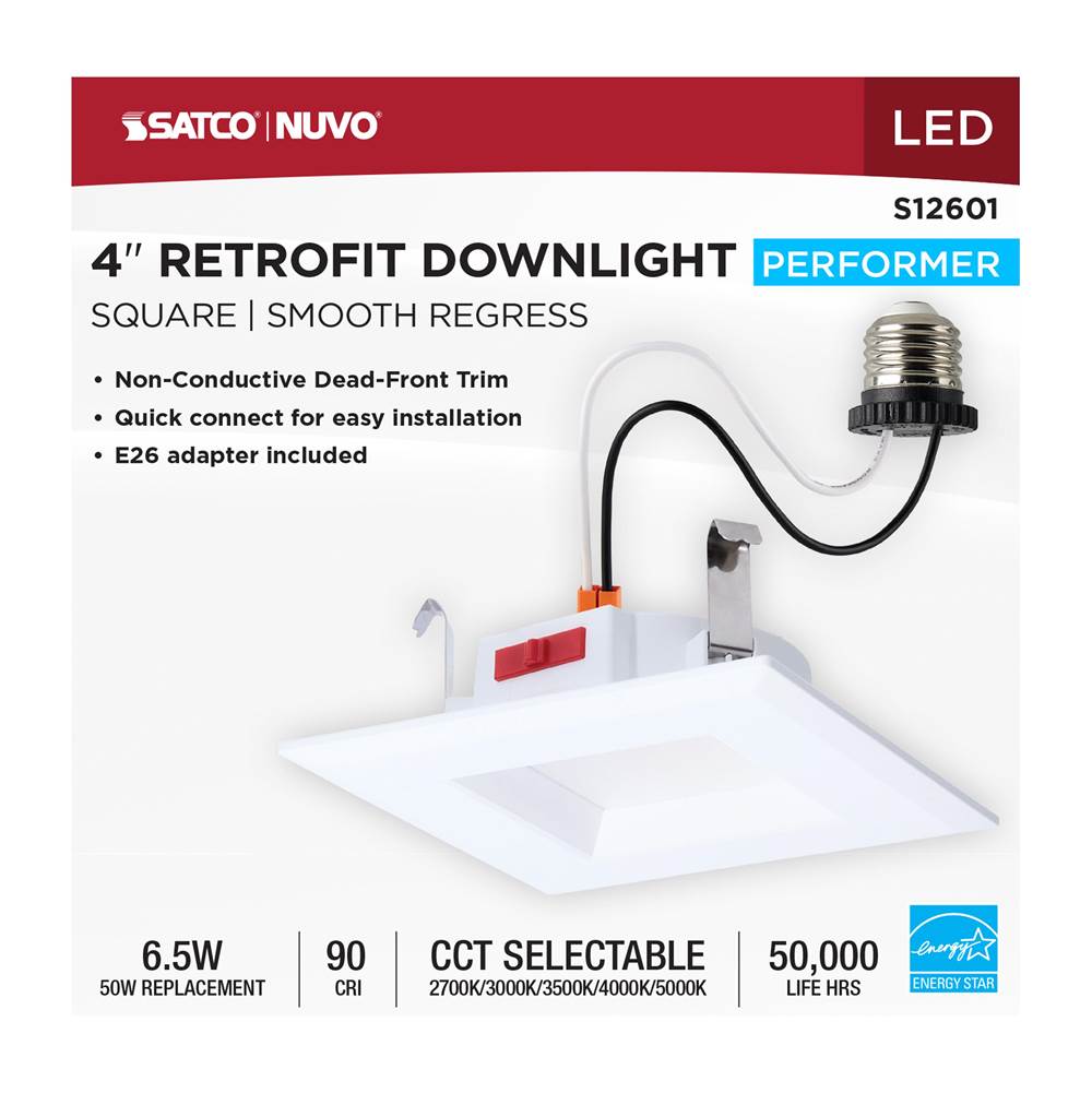 Satco S12601 White 6 Watt Led Downlight Retrofit - 4 Inch - Cct Selectable - Square - White Finish Image 4