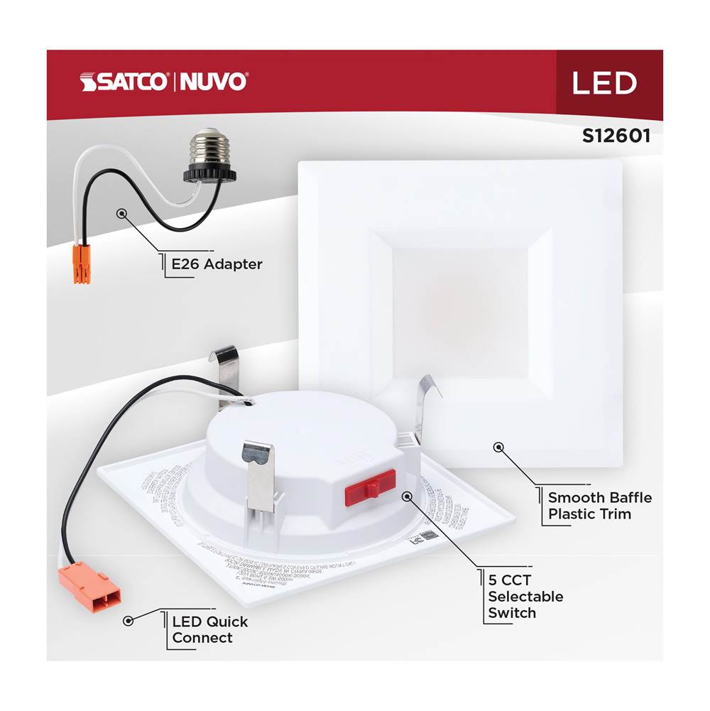 Satco S12601 White 6 Watt Led Downlight Retrofit - 4 Inch - Cct Selectable - Square - White Finish Image 3