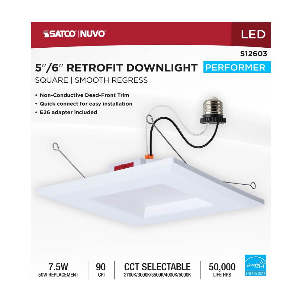 Satco S12603 White 8 Watt Led Downlight Retrofit - 5-6 Inch - Cct Selectable - Square - White Finish Image 4