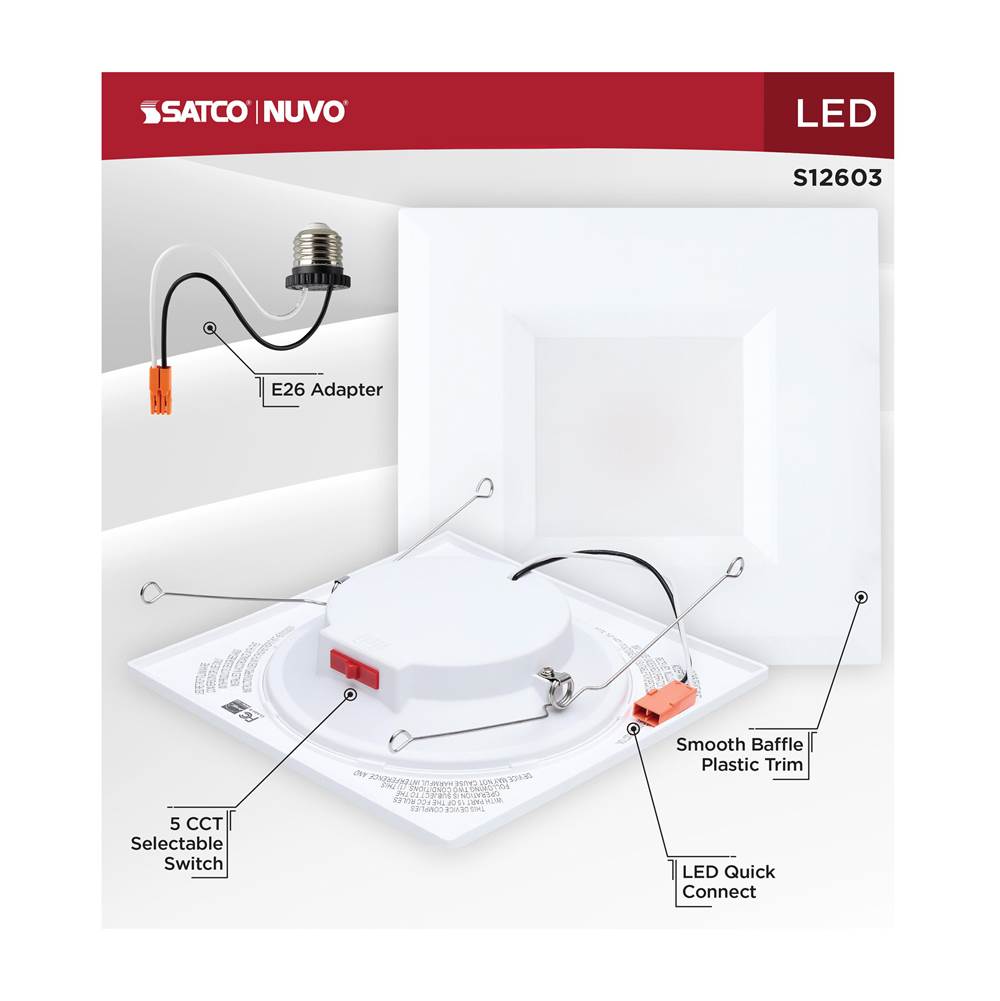Satco S12603 White 8 Watt Led Downlight Retrofit - 5-6 Inch - Cct Selectable - Square - White Finish Image 3
