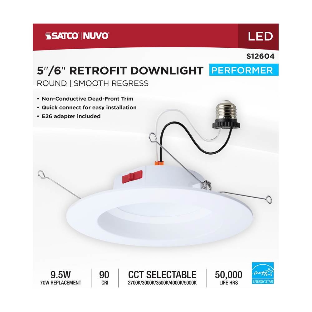 Satco S12604 White 10 Watt Led Downlight Retrofit - 5-6 Inch - Cct Selectable - Round - White Finish Image 4