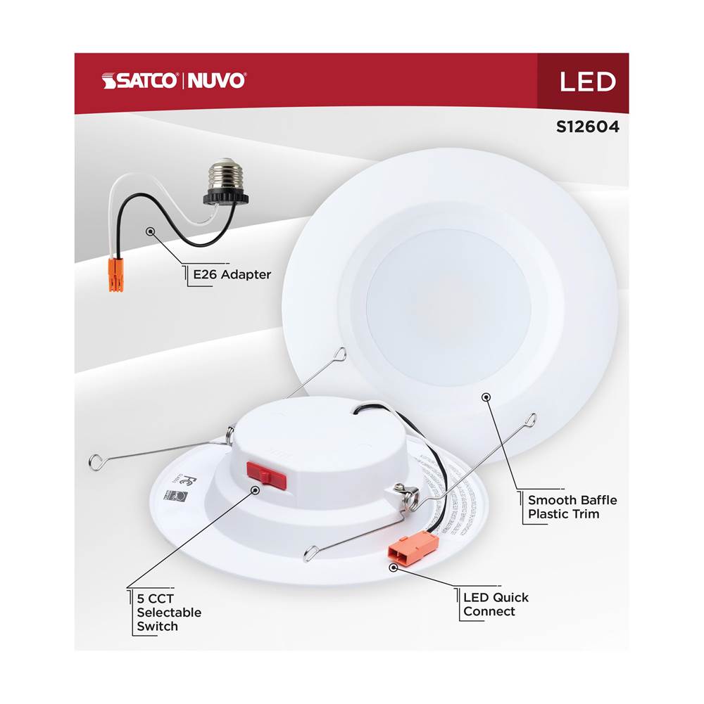 Satco S12604 White 10 Watt Led Downlight Retrofit - 5-6 Inch - Cct Selectable - Round - White Finish Image 3