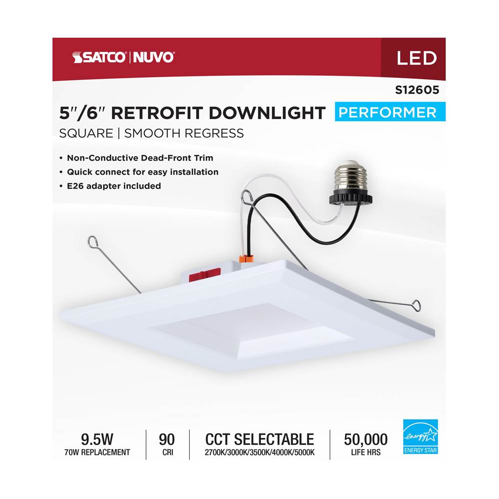 Satco S12605 White 10 Watt Led Downlight Retrofit - 5-6 Inch - Cct Selectable - Square - White Finish Image 4