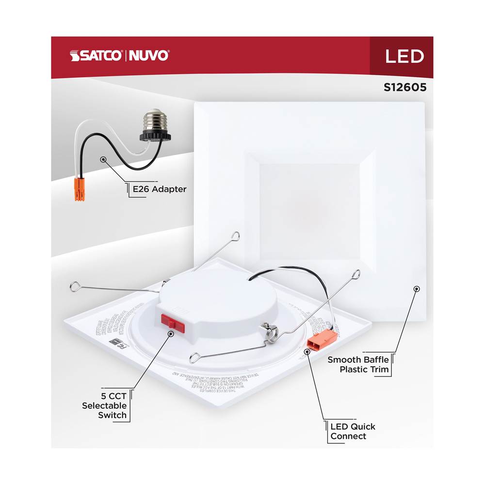 Satco S12605 White 10 Watt Led Downlight Retrofit - 5-6 Inch - Cct Selectable - Square - White Finish Image 3