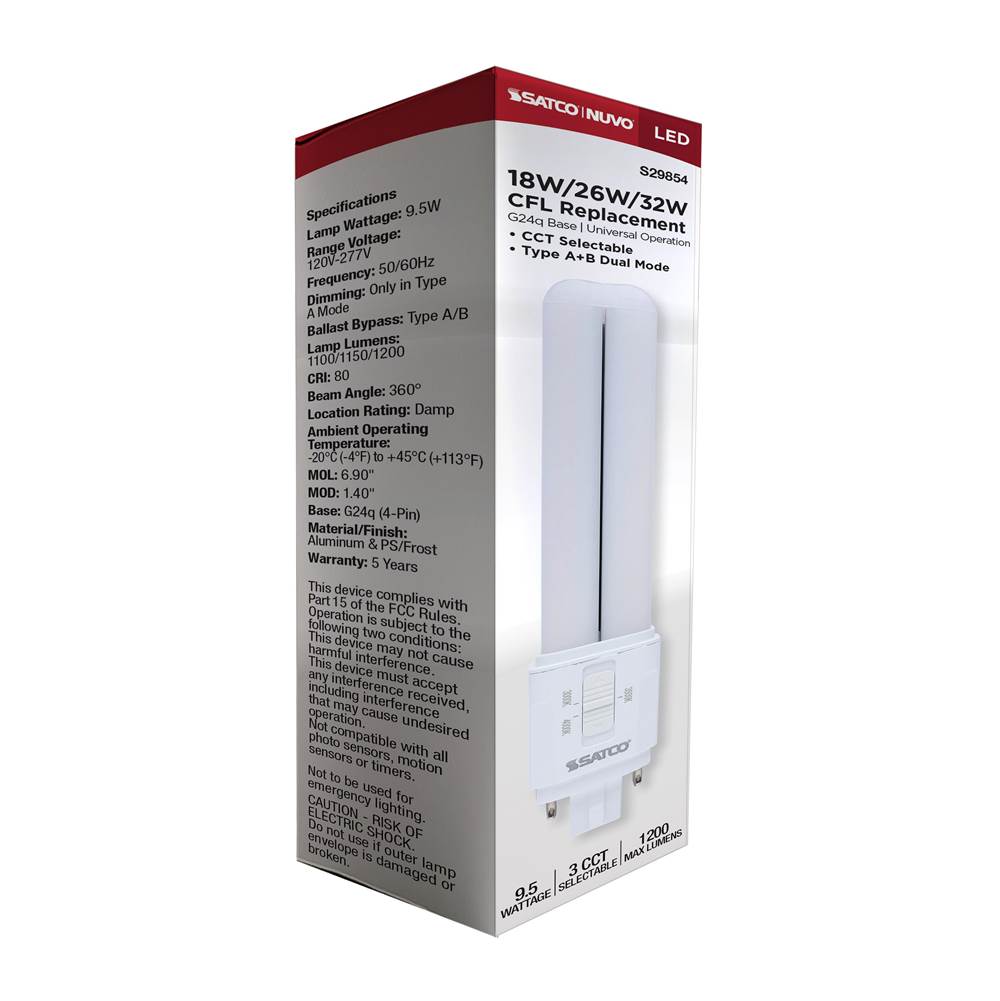 Satco S29854 Frost 9.5 Watt Led Pl - 30k/35k/40k Cct Selectable - G24q Base - Type A/b - 120-277 Volt Image 2