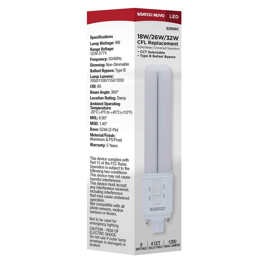 Satco S29855 Frost 9 Watt Led Pl - 27k/30k/35k/40k Cct Selectable - G24d Base - Type B - 120-277 Volt Image 2