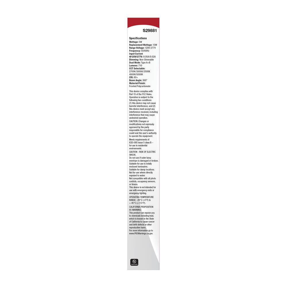 Satco S29881 White 5 Watt Pls Led - 27k/3k/35k/4k/5k Cct - Gx23 Base - Omni - Type A/b - 120-277 Volt Image 4