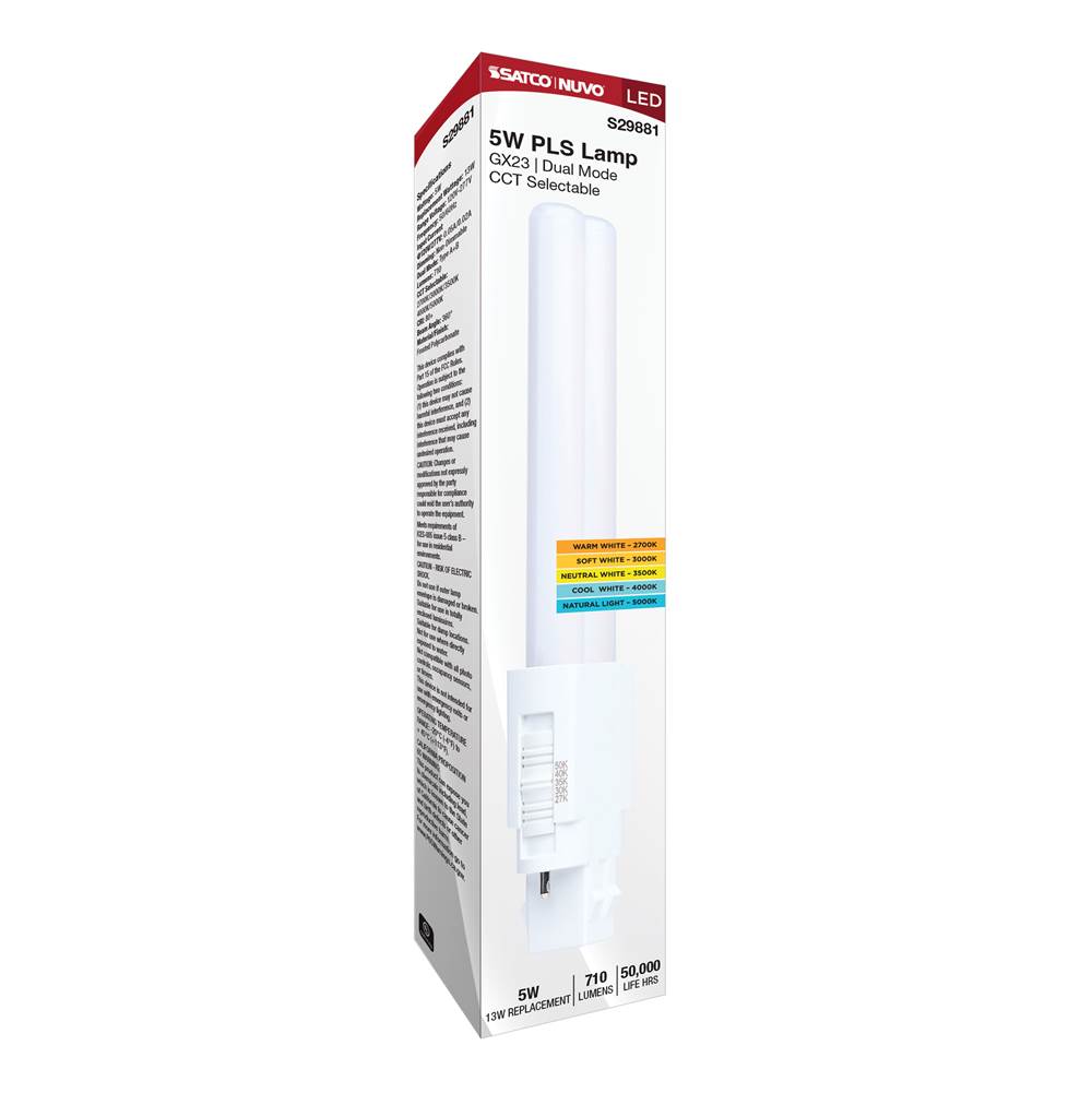 Satco S29881 White 5 Watt Pls Led - 27k/3k/35k/4k/5k Cct - Gx23 Base - Omni - Type A/b - 120-277 Volt Image 3