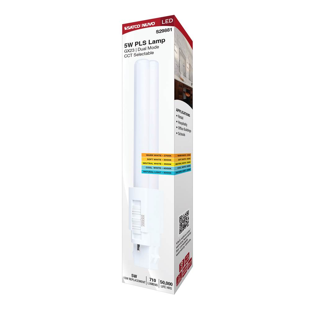 Satco S29881 White 5 Watt Pls Led - 27k/3k/35k/4k/5k Cct - Gx23 Base - Omni - Type A/b - 120-277 Volt Image 2