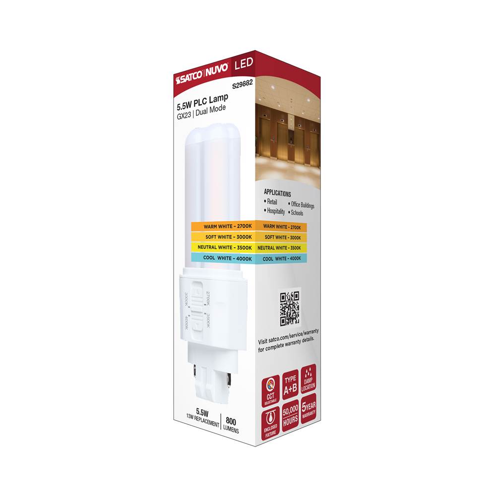 Satco S29882 White 5.5 Watt Plc Led - 27k/3k/35k/4k Cct - Gx23 Base - Omni - Type A/b - 120-277 Volt Image 2