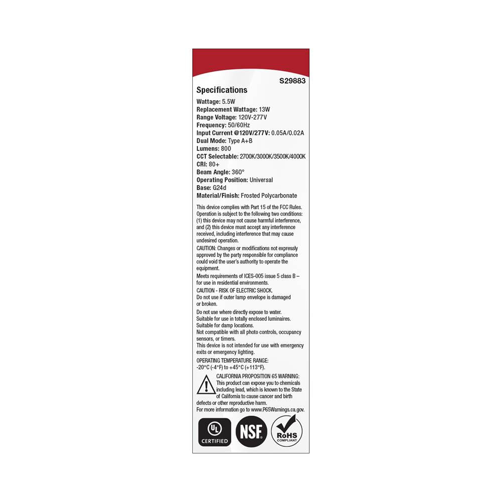 Satco S29883 White 5.5 Watt Plc Led - 27k/3k/35k/4k Cct - G24d Base - Omni - Type A/b - 120-277 Volt Image 5
