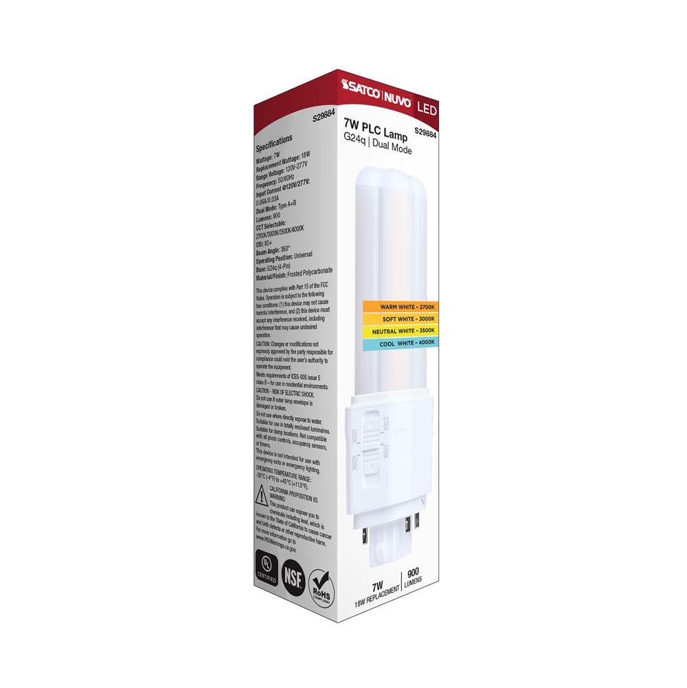 Satco S29884 White 7 Watt Plc Led - 27k/3k/35k/4k Cct - G24q Base - Omni - Type A/b - 120-277 Volt Image 2