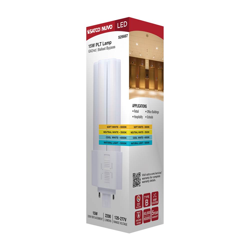 Satco S29887 White 15 Watt Plt Led - 3k/35k/4k/5k Cct - Gx24d Base - Omni - Type B - 120-277 Volt Image 2
