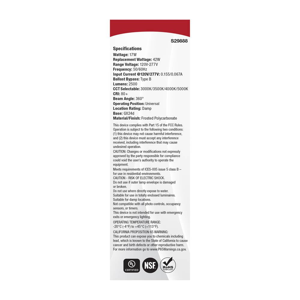 Satco S29888 White 17 Watt Plt Led - 3k/35k/4k/5k Cct - Gx24d Base - Omni - Type B - 120-277 Volt Image 5