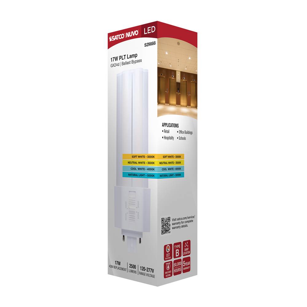 Satco S29888 White 17 Watt Plt Led - 3k/35k/4k/5k Cct - Gx24d Base - Omni - Type B - 120-277 Volt Image 3