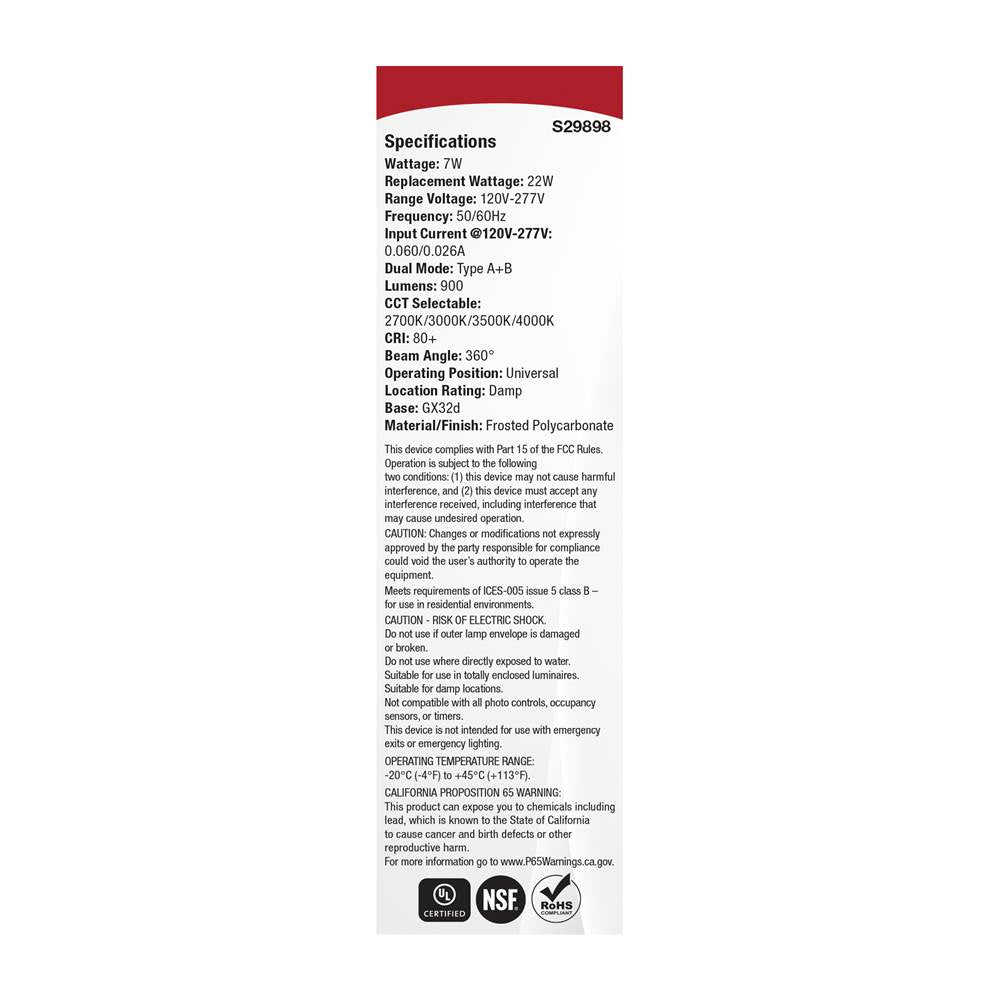 Satco S29898 White 7 Watt Plc Led - 27k/3k/35k/4k Cct - Gx32d Base - Omni - Type A/b - 120-277 Volt Image 4